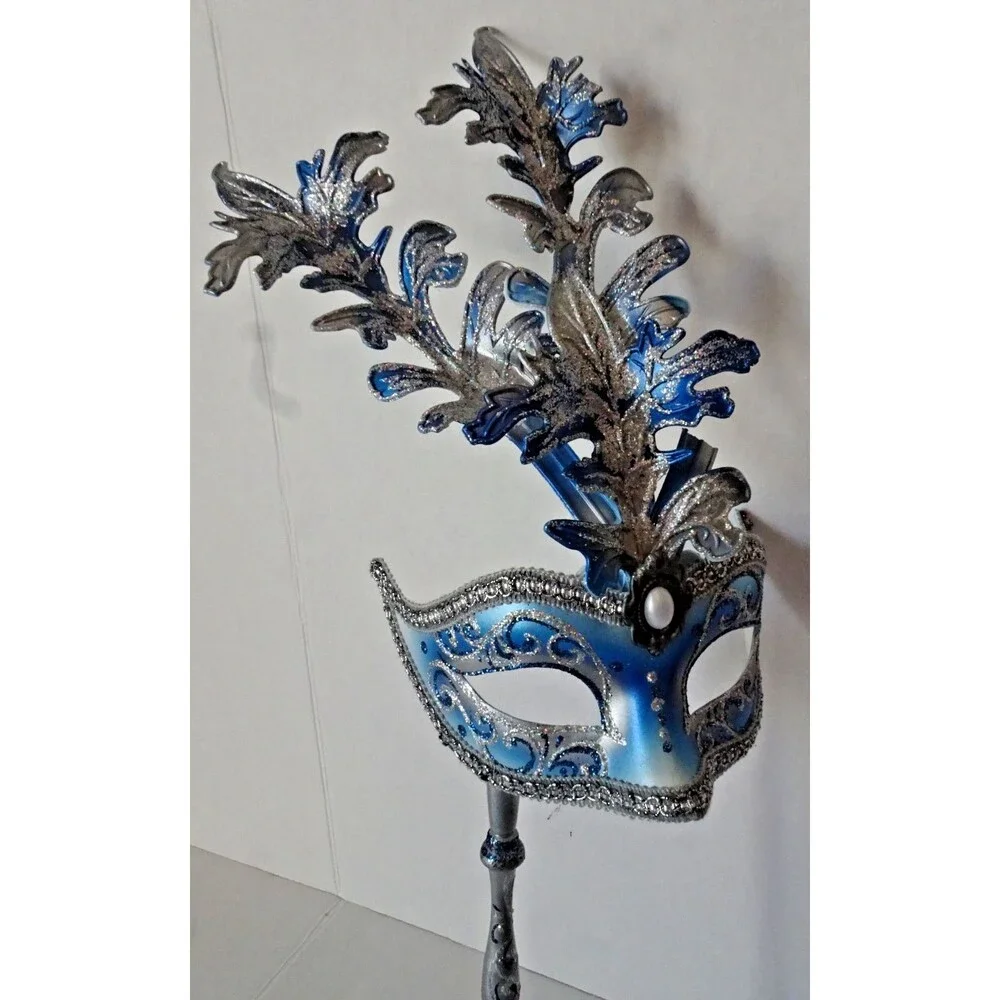 Beautiful Venetian Hand Painted Mask Venice Blue Masquerade with Handle Dated